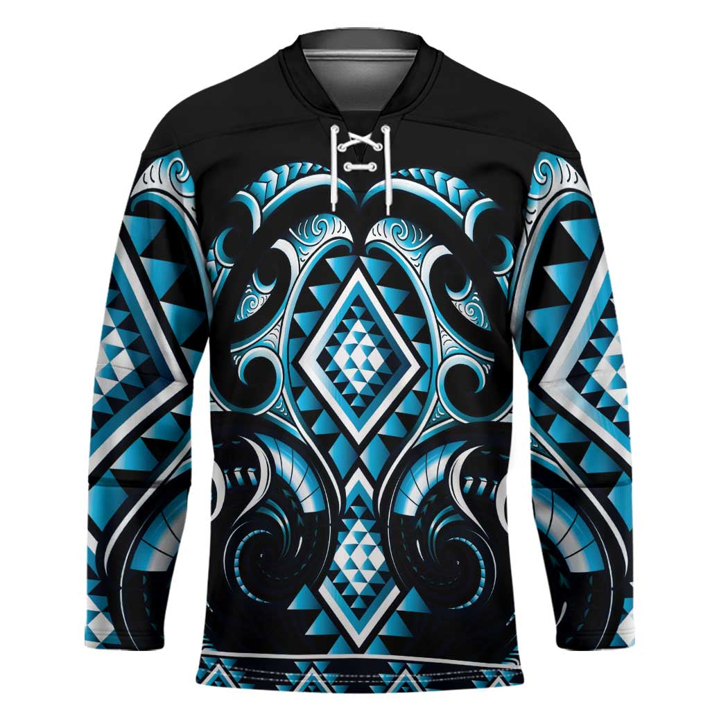 Blue Ngaru Taniko With Aotearoa Maori Tattoo Hockey Jersey - Polynesian Pride