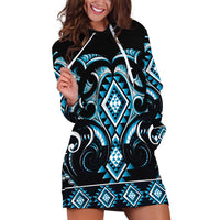 Blue Ngaru Taniko With Aotearoa Maori Tattoo Hoodie Dress LT14 Blue - Polynesian Pride