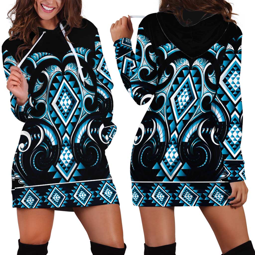 Blue Ngaru Taniko With Aotearoa Maori Tattoo Hoodie Dress LT14 - Polynesian Pride