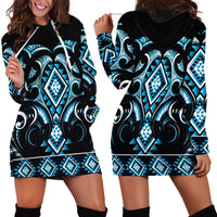 Blue Ngaru Taniko With Aotearoa Maori Tattoo Hoodie Dress LT14 - Polynesian Pride