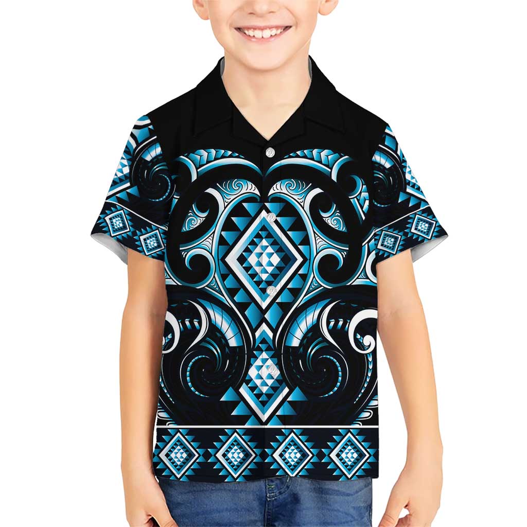 Blue Ngaru Taniko With Aotearoa Maori Tattoo Kid Hawaiian Shirt LT14 Kid Blue - Polynesian Pride