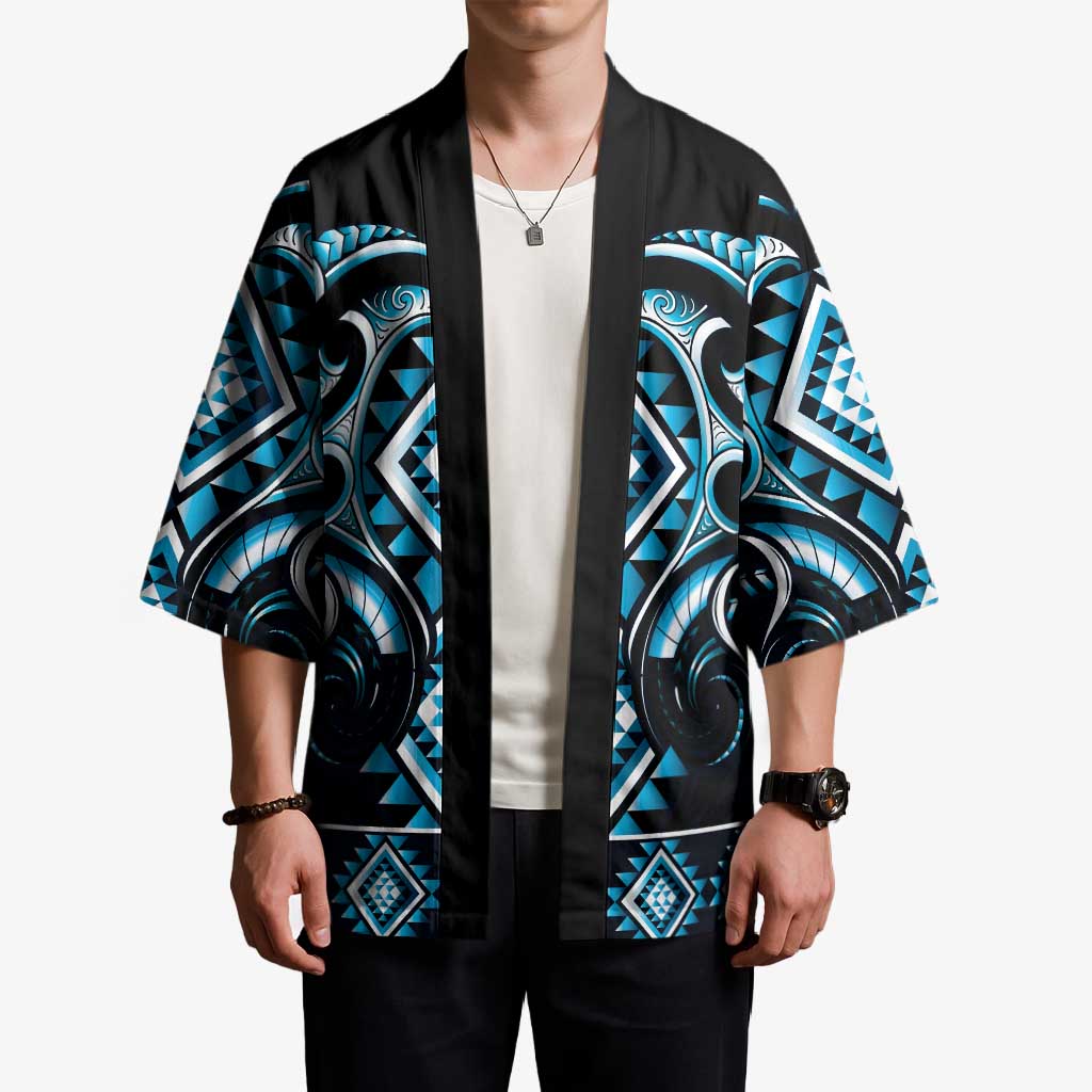 Blue Ngaru Taniko With Aotearoa Maori Tattoo Kimono - Polynesian Pride