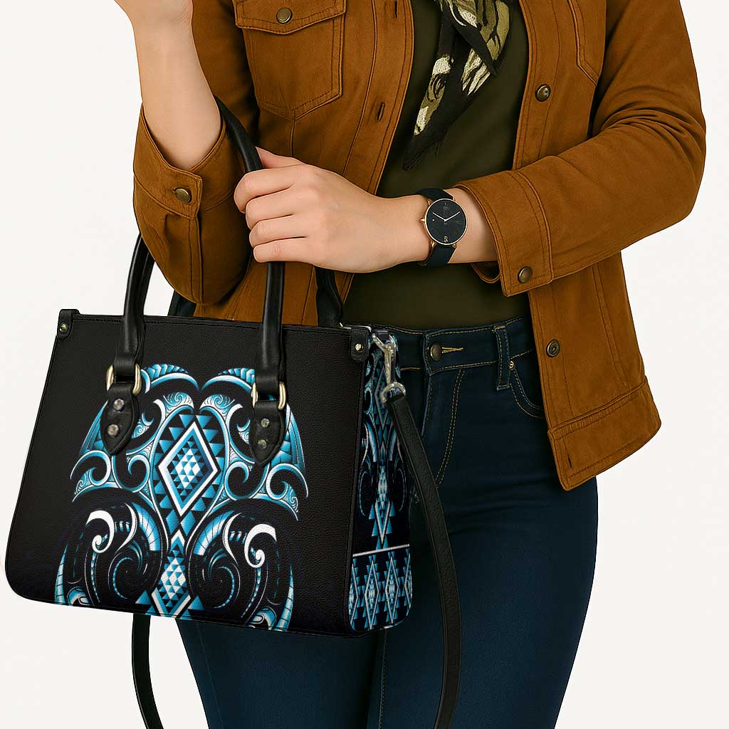 Blue Ngaru Taniko With Aotearoa Maori Tattoo Leather Bag - Polynesian Pride