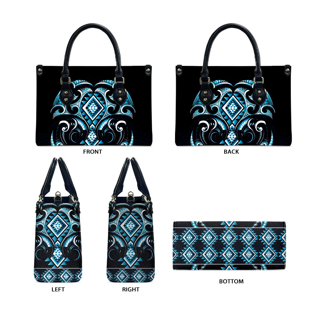 Blue Ngaru Taniko With Aotearoa Maori Tattoo Leather Bag - Polynesian Pride