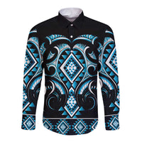 Blue Ngaru Taniko With Aotearoa Maori Tattoo Long Sleeve Button Shirt LT14 Unisex Blue - Polynesian Pride
