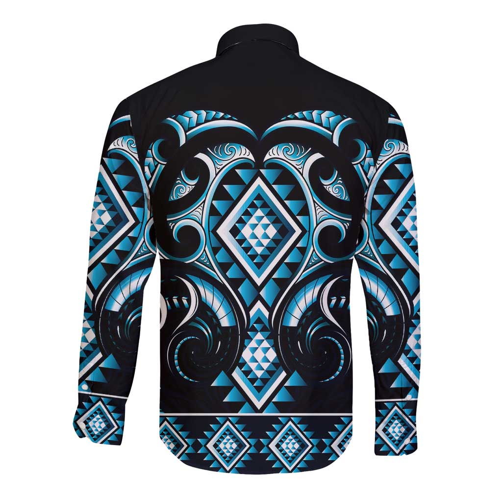 Blue Ngaru Taniko With Aotearoa Maori Tattoo Long Sleeve Button Shirt LT14 - Polynesian Pride