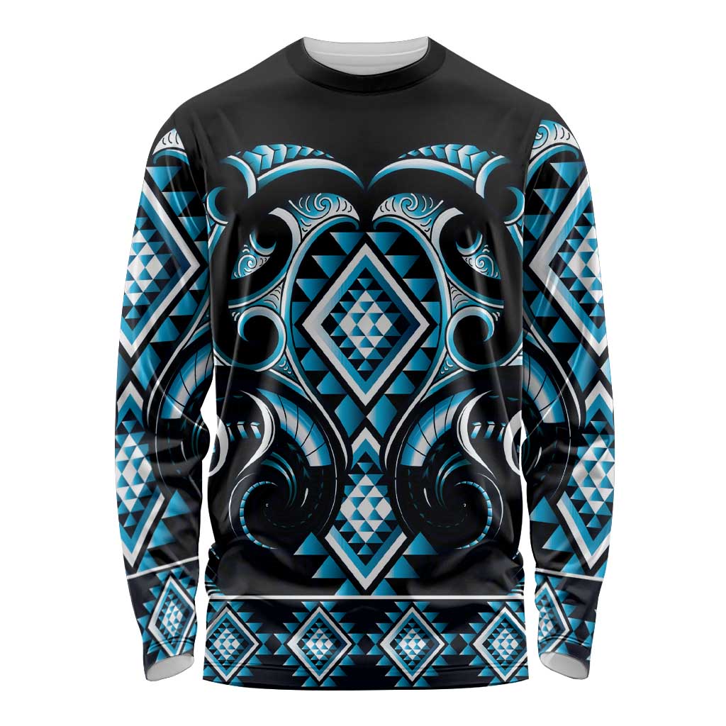 Blue Ngaru Taniko With Aotearoa Maori Tattoo Long Sleeve Shirt