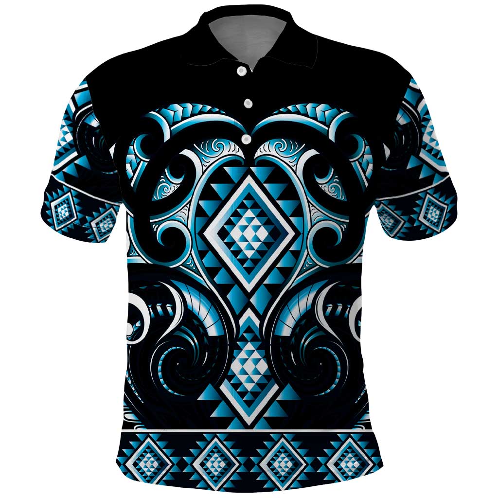 Blue Ngaru Taniko With Aotearoa Maori Tattoo Polo Shirt