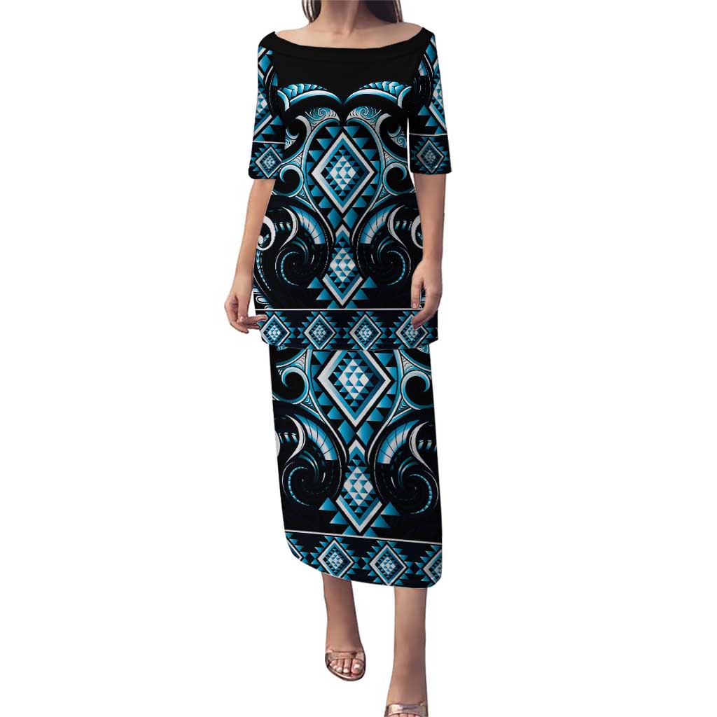 Blue Ngaru Taniko With Aotearoa Maori Tattoo Puletasi LT14 Long Dress Blue - Polynesian Pride