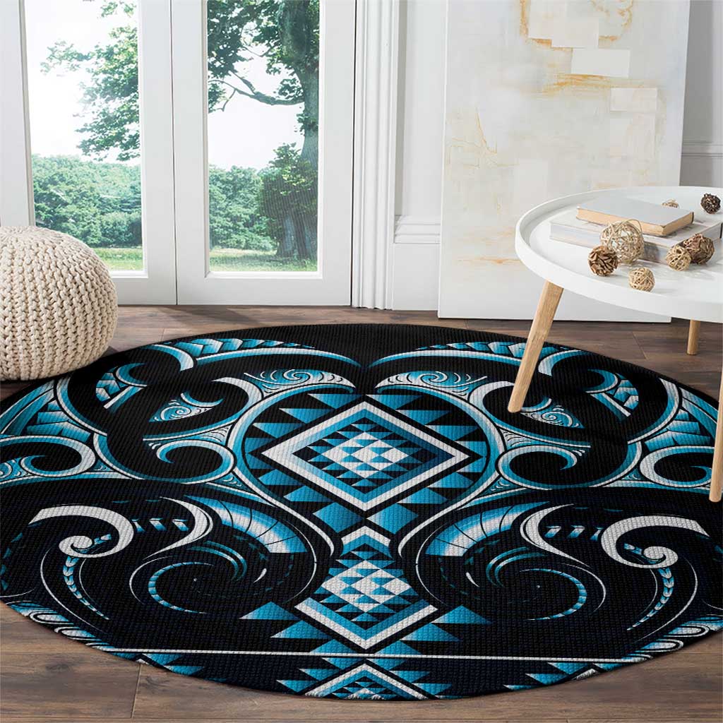 Blue Ngaru Taniko With Aotearoa Maori Tattoo Round Carpet