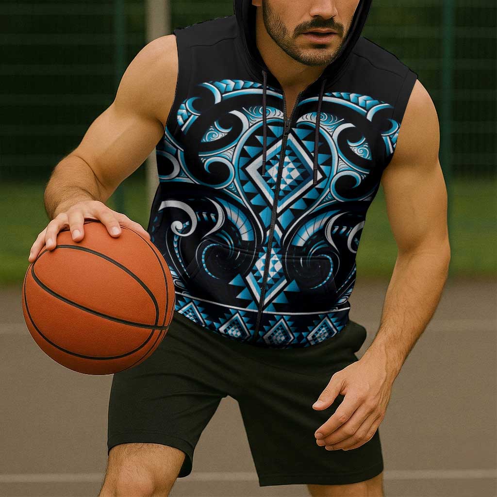 Blue Ngaru Taniko With Aotearoa Maori Tattoo Sleeveless Zip Hoodie - Polynesian Pride