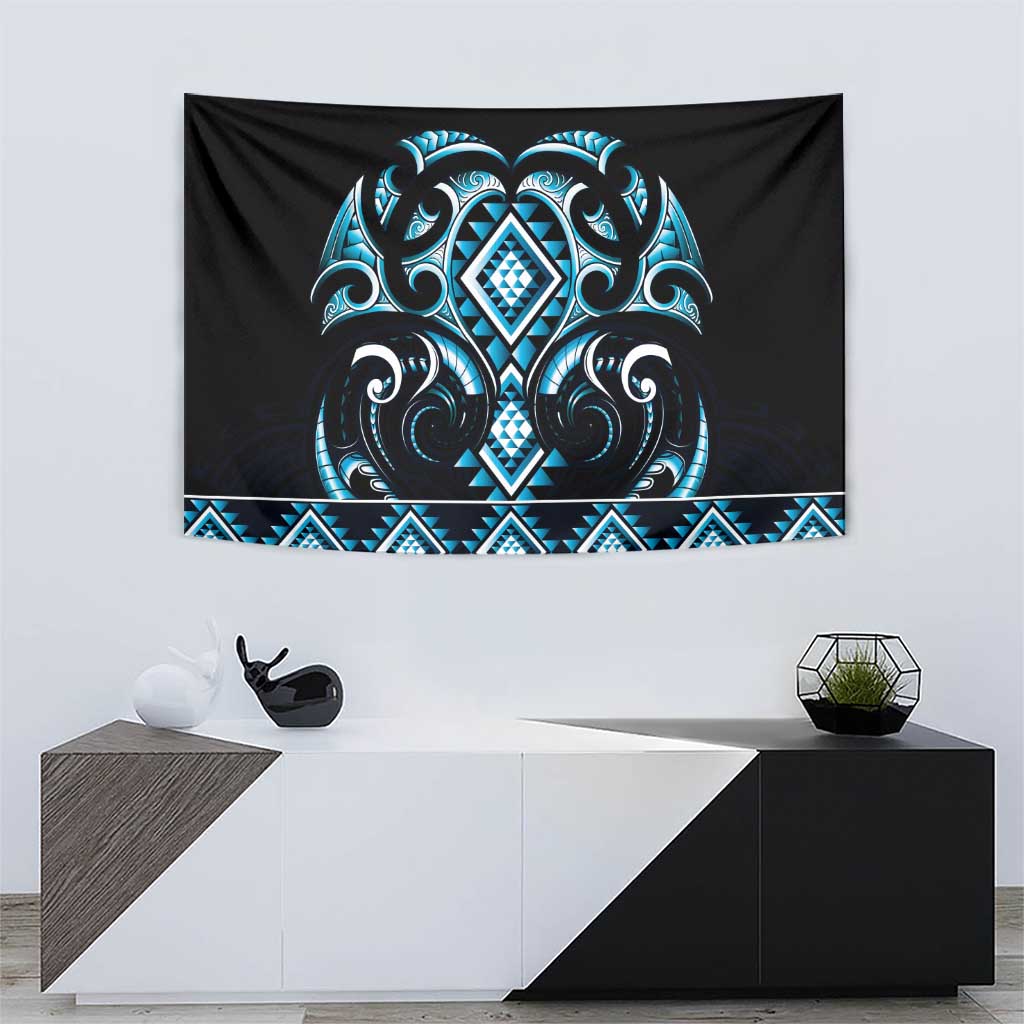Blue Ngaru Taniko With Aotearoa Maori Tattoo Tapestry