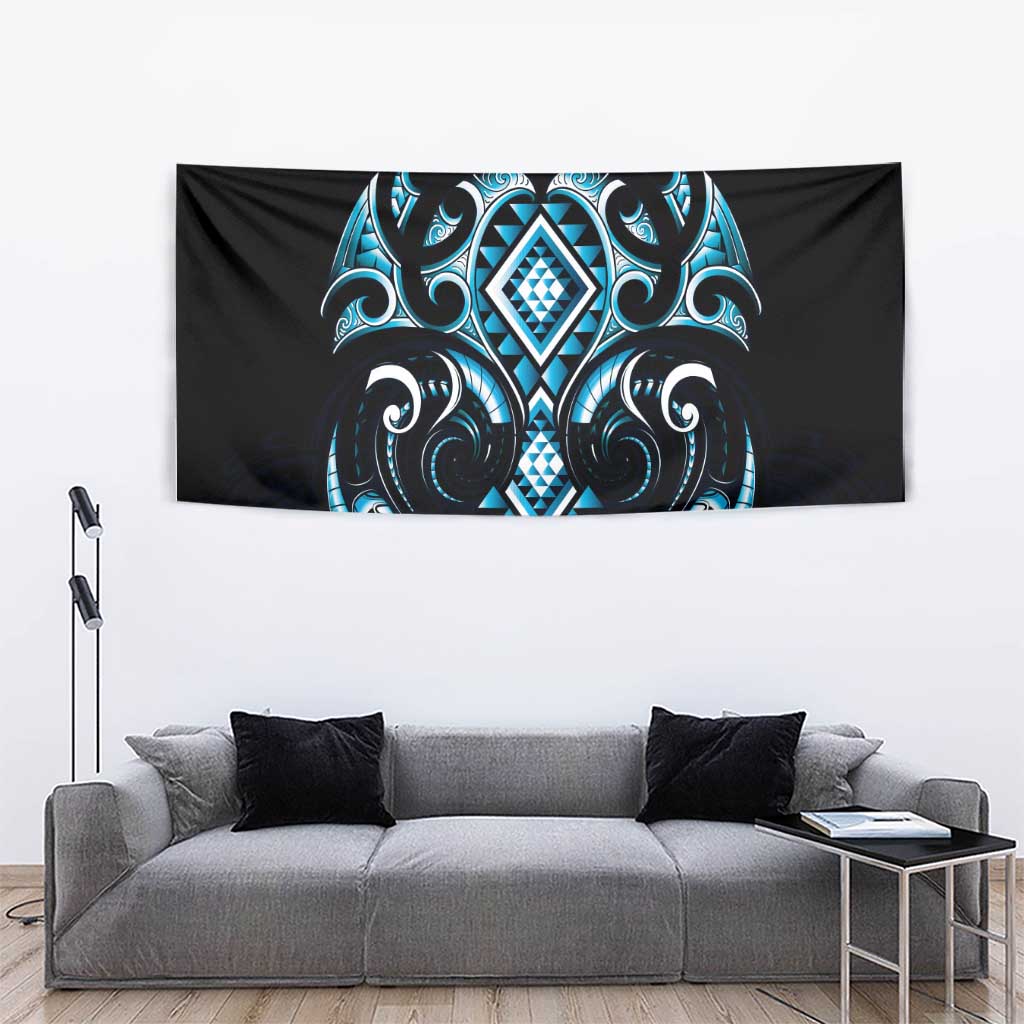 Blue Ngaru Taniko With Aotearoa Maori Tattoo Tapestry