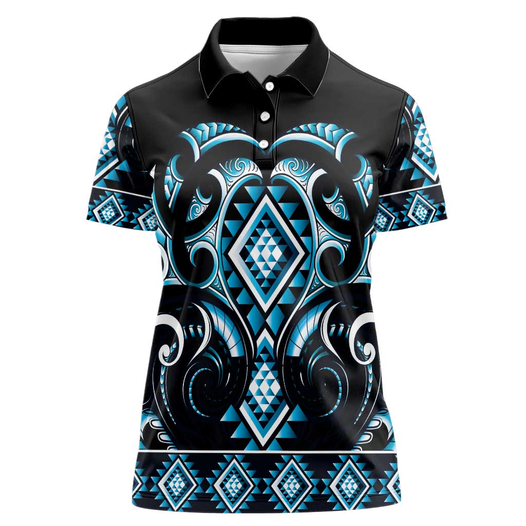 Blue Ngaru Taniko With Aotearoa Maori Tattoo Women Polo Shirt LT14 Female Blue - Polynesian Pride