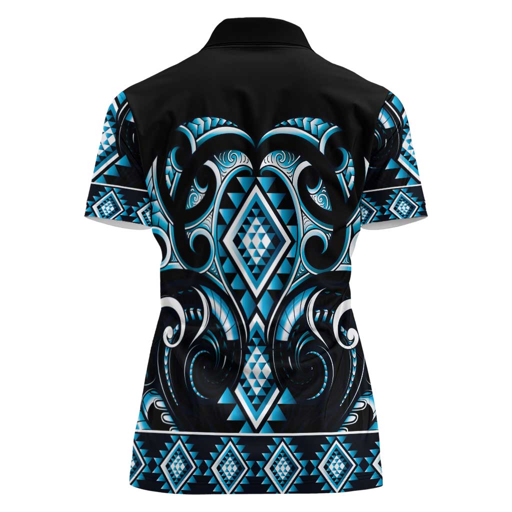 Blue Ngaru Taniko With Aotearoa Maori Tattoo Women Polo Shirt LT14 - Polynesian Pride