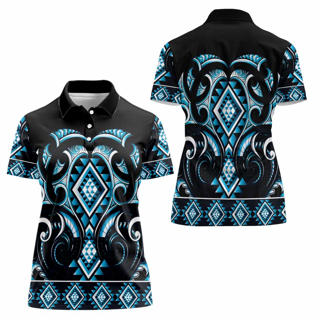 Blue Ngaru Taniko With Aotearoa Maori Tattoo Women Polo Shirt LT14 - Polynesian Pride