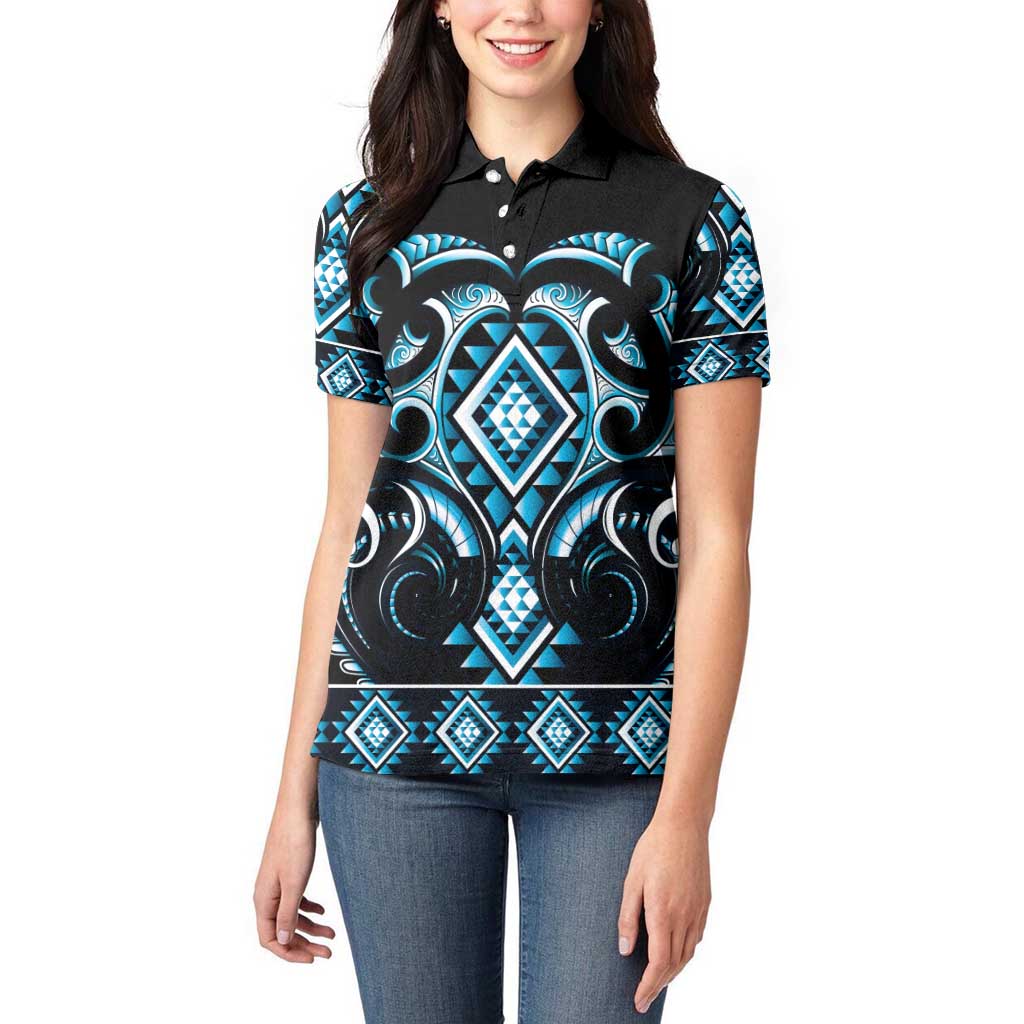 Blue Ngaru Taniko With Aotearoa Maori Tattoo Women Polo Shirt LT14 - Polynesian Pride