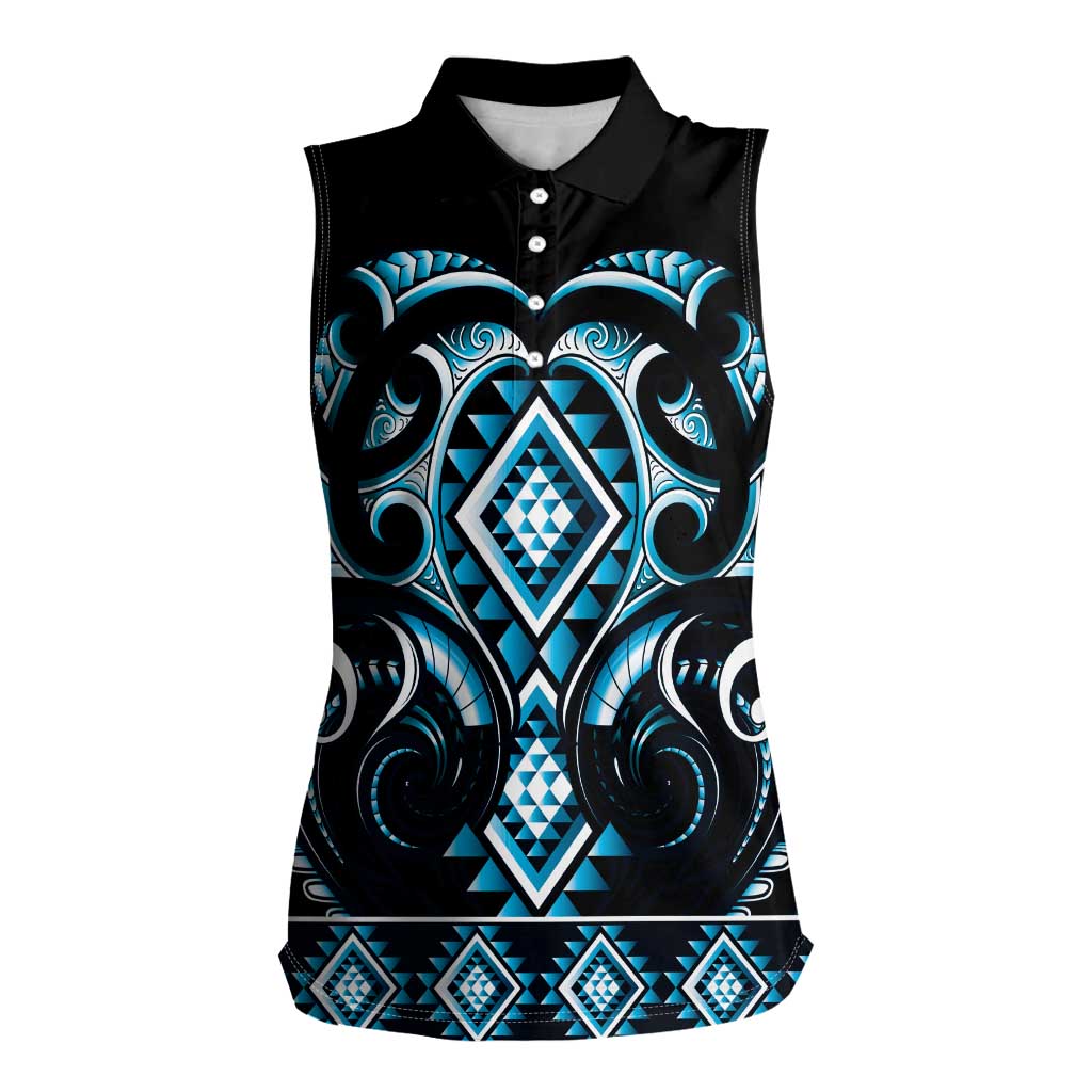 Blue Ngaru Taniko With Aotearoa Maori Tattoo Women Sleeveless Polo Shirt LT14 Female Blue - Polynesian Pride