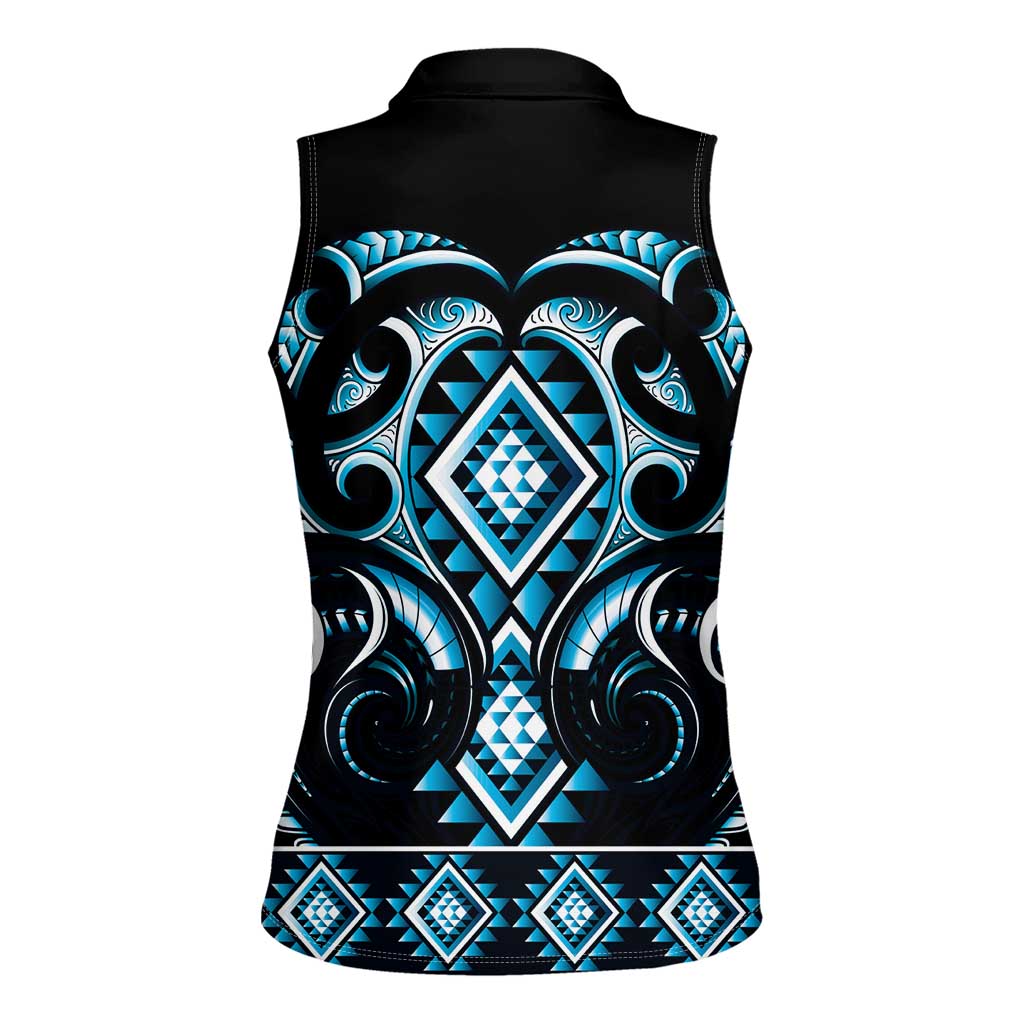 Blue Ngaru Taniko With Aotearoa Maori Tattoo Women Sleeveless Polo Shirt LT14 - Polynesian Pride