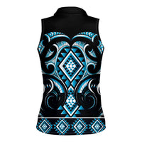 Blue Ngaru Taniko With Aotearoa Maori Tattoo Women Sleeveless Polo Shirt LT14 - Polynesian Pride