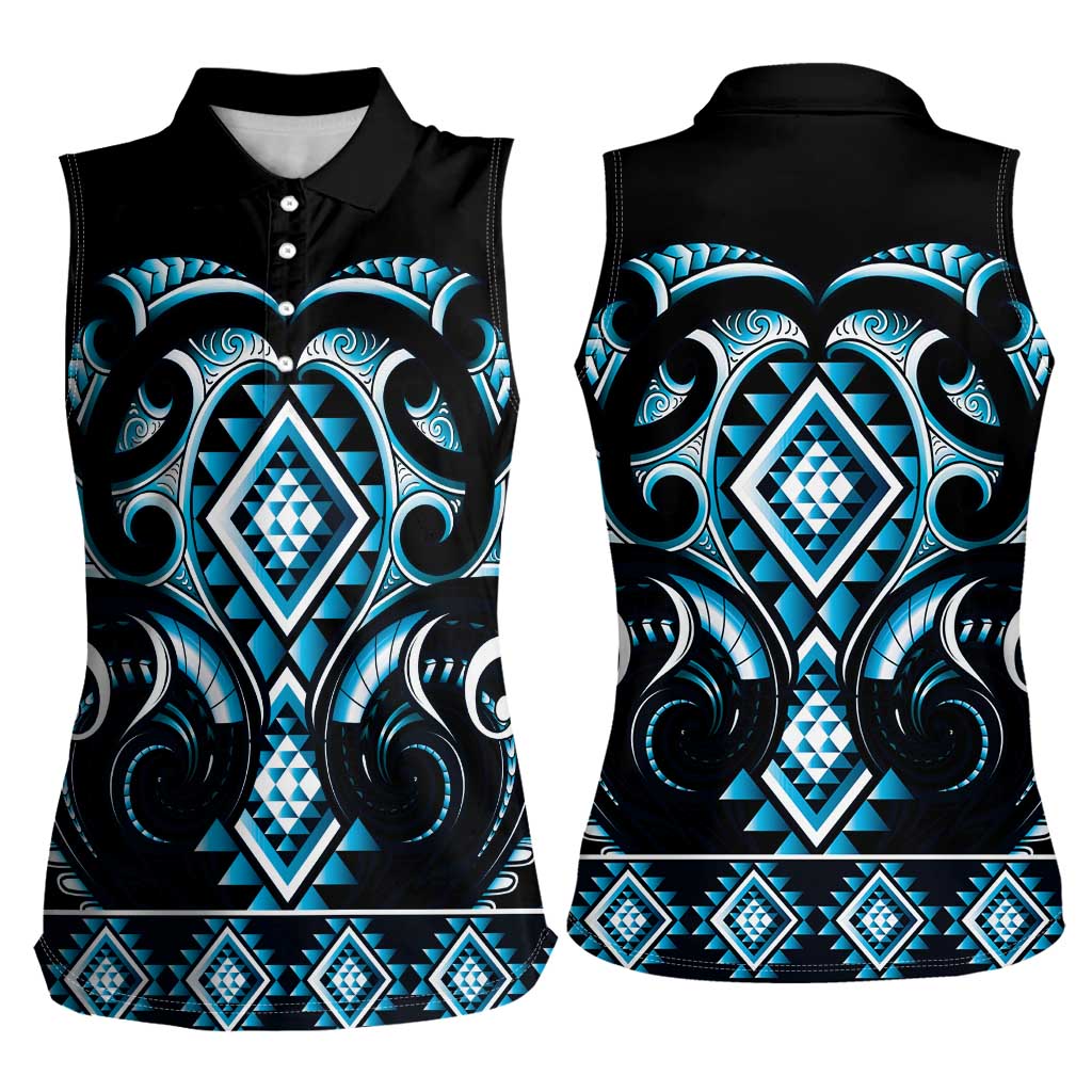 Blue Ngaru Taniko With Aotearoa Maori Tattoo Women Sleeveless Polo Shirt LT14 - Polynesian Pride