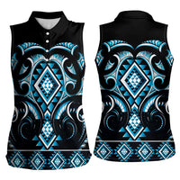 Blue Ngaru Taniko With Aotearoa Maori Tattoo Women Sleeveless Polo Shirt LT14 - Polynesian Pride