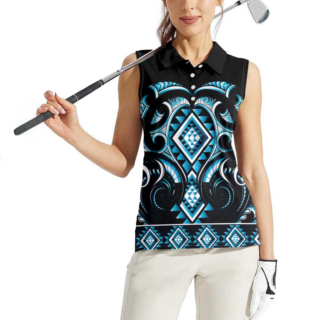 Blue Ngaru Taniko With Aotearoa Maori Tattoo Women Sleeveless Polo Shirt LT14 - Polynesian Pride