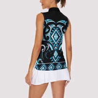 Blue Ngaru Taniko With Aotearoa Maori Tattoo Women Sleeveless Polo Shirt LT14 - Polynesian Pride