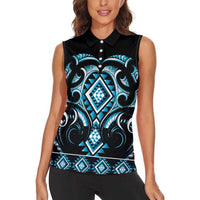 Blue Ngaru Taniko With Aotearoa Maori Tattoo Women Sleeveless Polo Shirt LT14 - Polynesian Pride