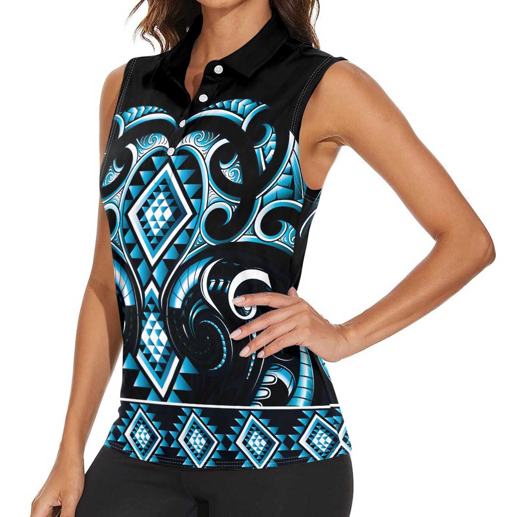 Blue Ngaru Taniko With Aotearoa Maori Tattoo Women Sleeveless Polo Shirt LT14 - Polynesian Pride