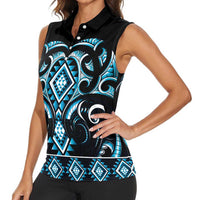 Blue Ngaru Taniko With Aotearoa Maori Tattoo Women Sleeveless Polo Shirt LT14 - Polynesian Pride
