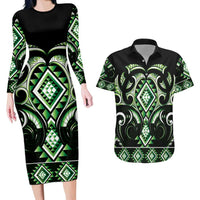 Green Ngaru Taniko With Aotearoa Maori Tattoo Couples Matching Long Sleeve Bodycon Dress and Hawaiian Shirt LT14 Green - Polynesian Pride