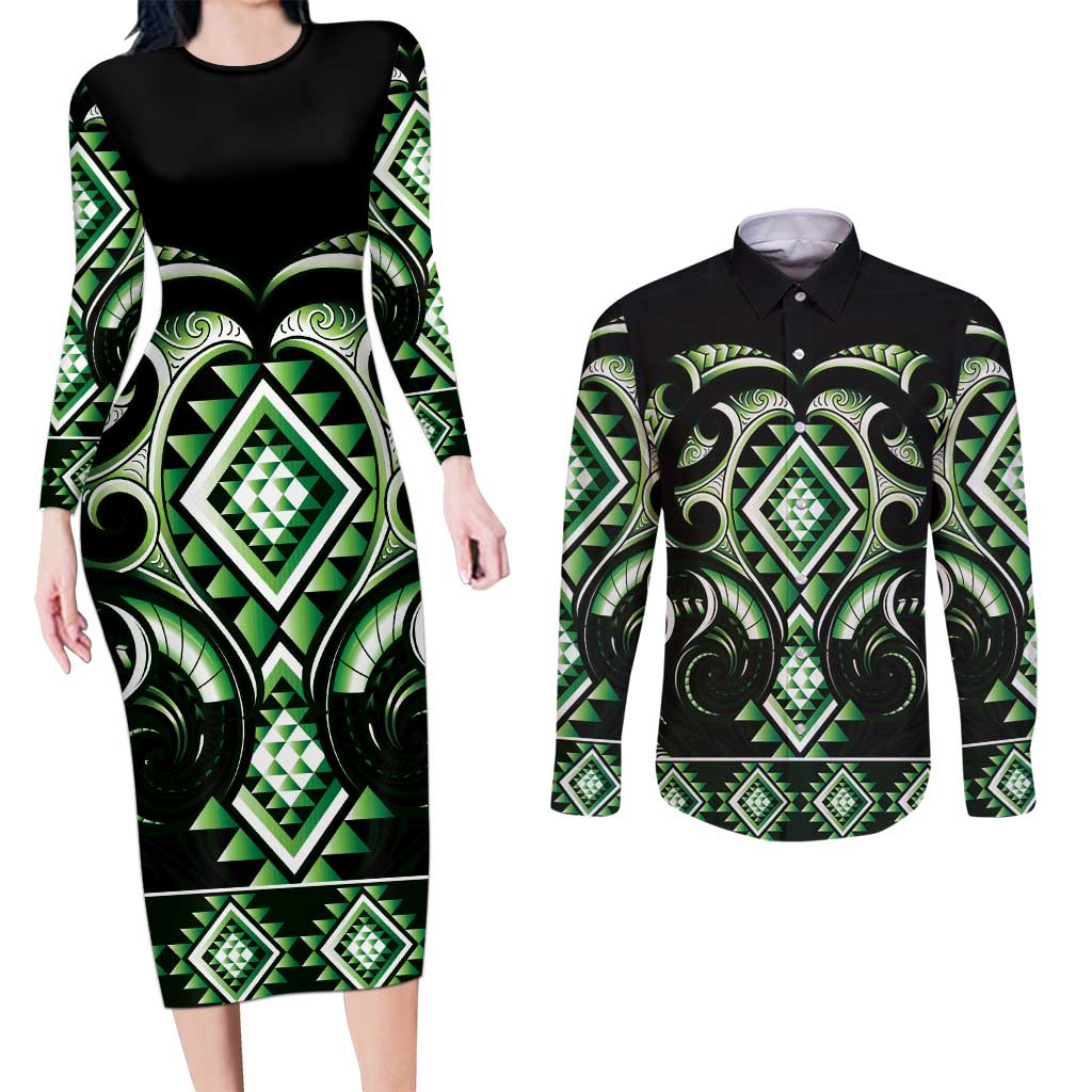 Green Ngaru Taniko With Aotearoa Maori Tattoo Couples Matching Long Sleeve Bodycon Dress and Long Sleeve Button Shirt LT14 Green - Polynesian Pride