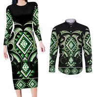 Green Ngaru Taniko With Aotearoa Maori Tattoo Couples Matching Long Sleeve Bodycon Dress and Long Sleeve Button Shirt LT14 Green - Polynesian Pride