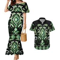 Green Ngaru Taniko With Aotearoa Maori Tattoo Couples Matching Mermaid Dress and Hawaiian Shirt LT14 Green - Polynesian Pride