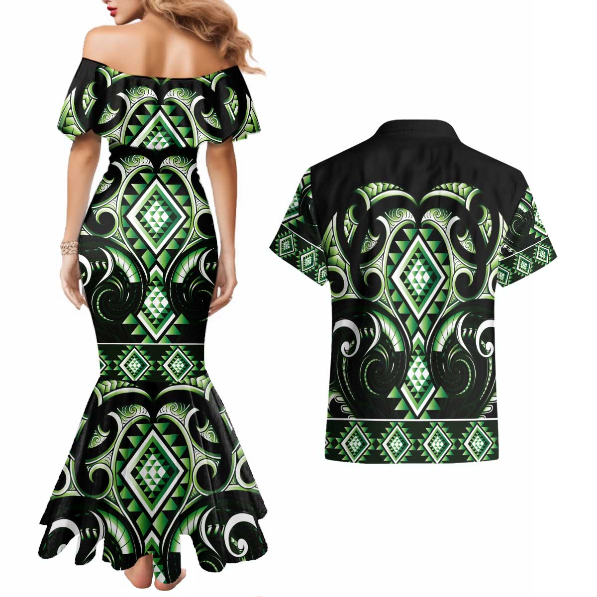 Green Ngaru Taniko With Aotearoa Maori Tattoo Couples Matching Mermaid Dress and Hawaiian Shirt LT14 - Polynesian Pride