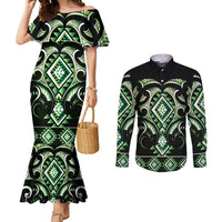 Green Ngaru Taniko With Aotearoa Maori Tattoo Couples Matching Mermaid Dress and Long Sleeve Button Shirt LT14 Green - Polynesian Pride