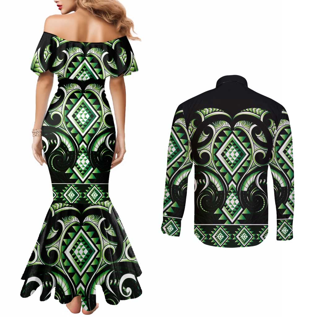 Green Ngaru Taniko With Aotearoa Maori Tattoo Couples Matching Mermaid Dress and Long Sleeve Button Shirt LT14 - Polynesian Pride