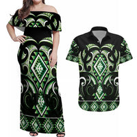 Green Ngaru Taniko With Aotearoa Maori Tattoo Couples Matching Off Shoulder Maxi Dress and Hawaiian Shirt LT14 Green - Polynesian Pride