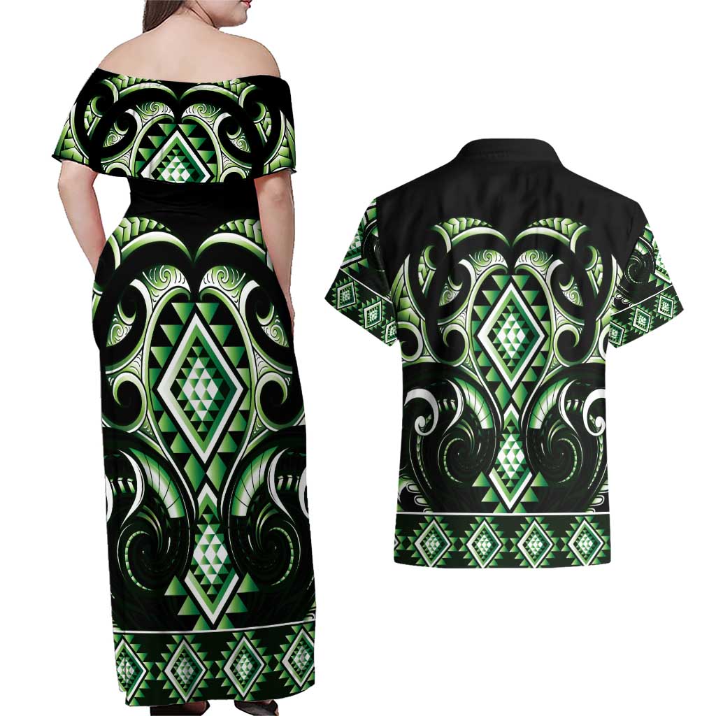 Green Ngaru Taniko With Aotearoa Maori Tattoo Couples Matching Off Shoulder Maxi Dress and Hawaiian Shirt LT14 - Polynesian Pride