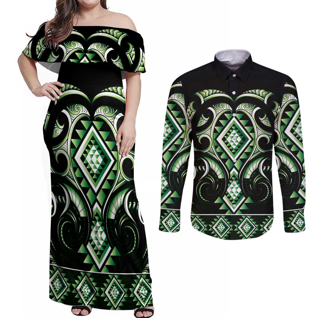 Green Ngaru Taniko With Aotearoa Maori Tattoo Couples Matching Off Shoulder Maxi Dress and Long Sleeve Button Shirt LT14 Green - Polynesian Pride