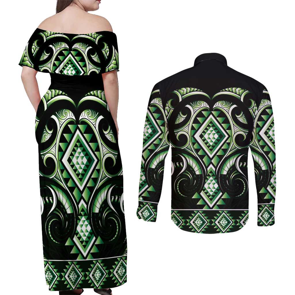 Green Ngaru Taniko With Aotearoa Maori Tattoo Couples Matching Off Shoulder Maxi Dress and Long Sleeve Button Shirt LT14 - Polynesian Pride