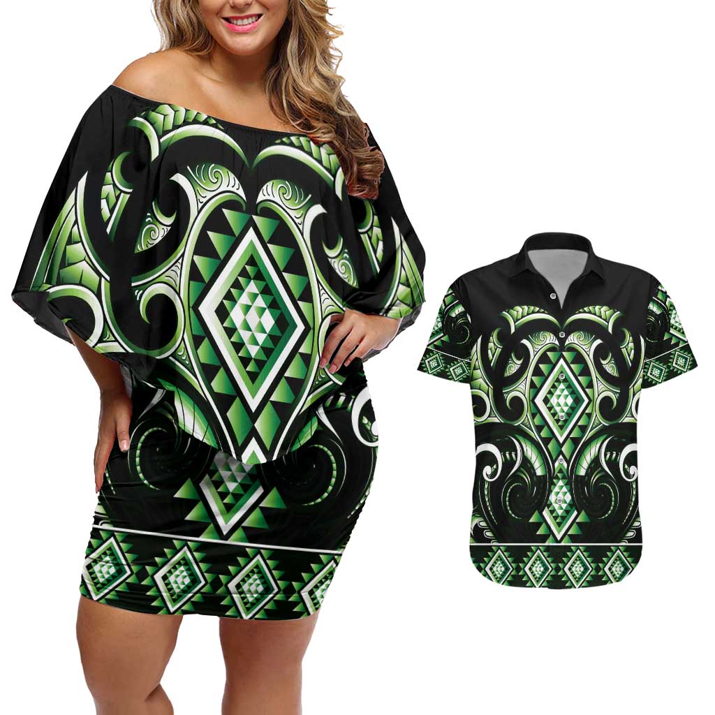 Green Ngaru Taniko With Aotearoa Maori Tattoo Couples Matching Off Shoulder Short Dress and Hawaiian Shirt LT14 Green - Polynesian Pride