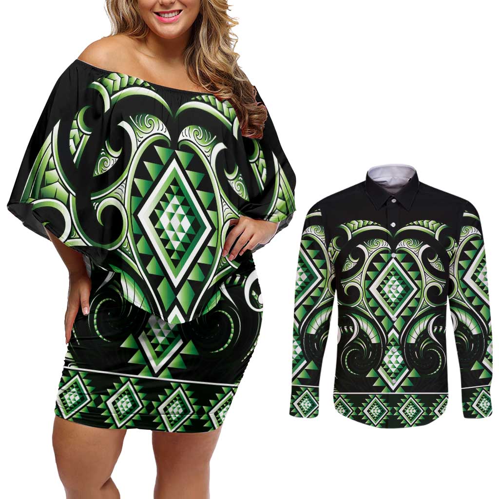Green Ngaru Taniko With Aotearoa Maori Tattoo Couples Matching Off Shoulder Short Dress and Long Sleeve Button Shirt LT14 Green - Polynesian Pride