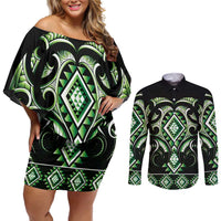 Green Ngaru Taniko With Aotearoa Maori Tattoo Couples Matching Off Shoulder Short Dress and Long Sleeve Button Shirt LT14 Green - Polynesian Pride