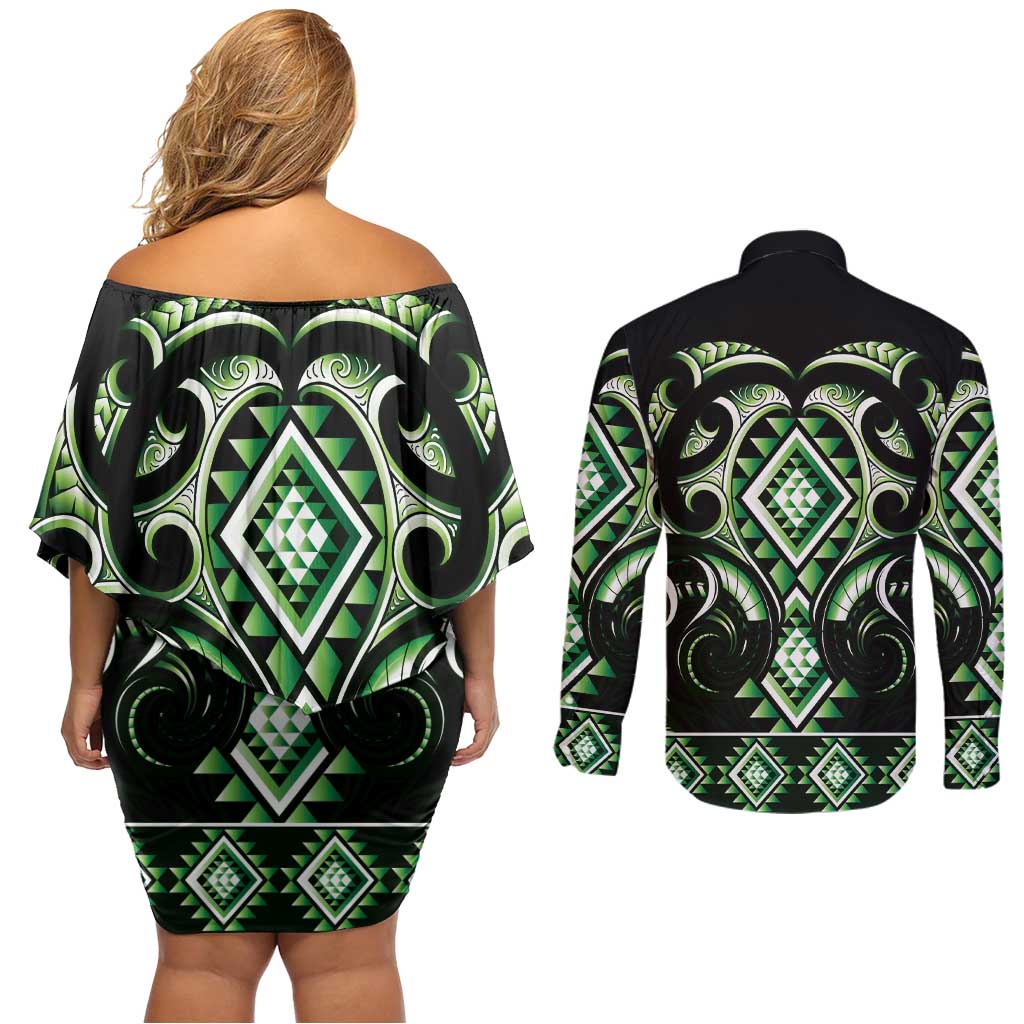 Green Ngaru Taniko With Aotearoa Maori Tattoo Couples Matching Off Shoulder Short Dress and Long Sleeve Button Shirt LT14 - Polynesian Pride