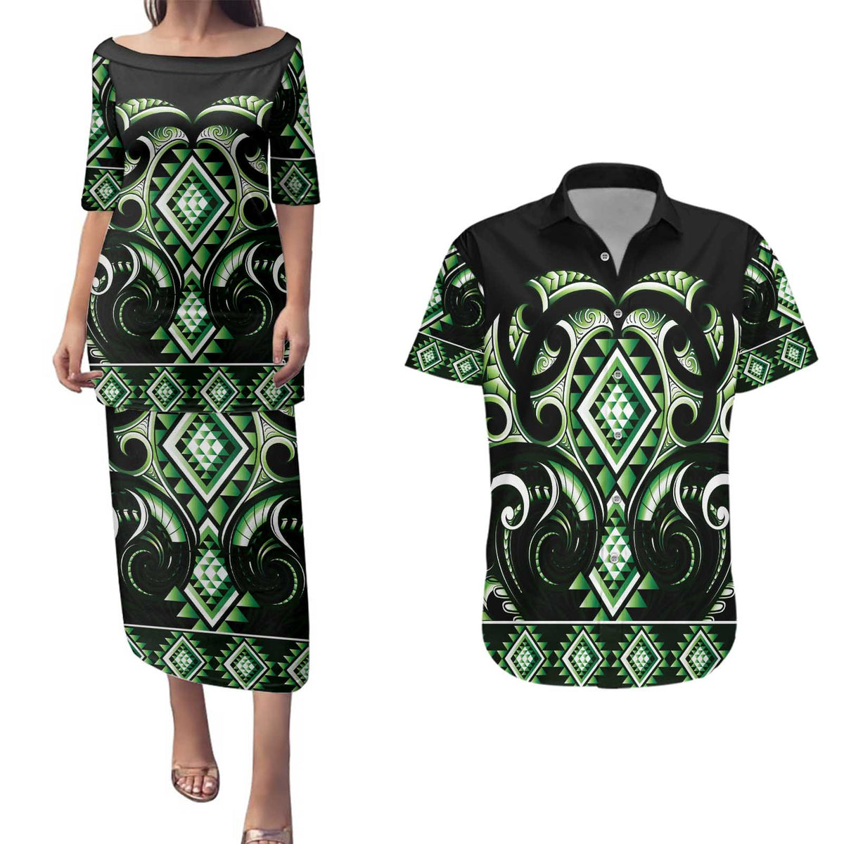 Green Ngaru Taniko With Aotearoa Maori Tattoo Couples Matching Puletasi and Hawaiian Shirt LT14 Green - Polynesian Pride