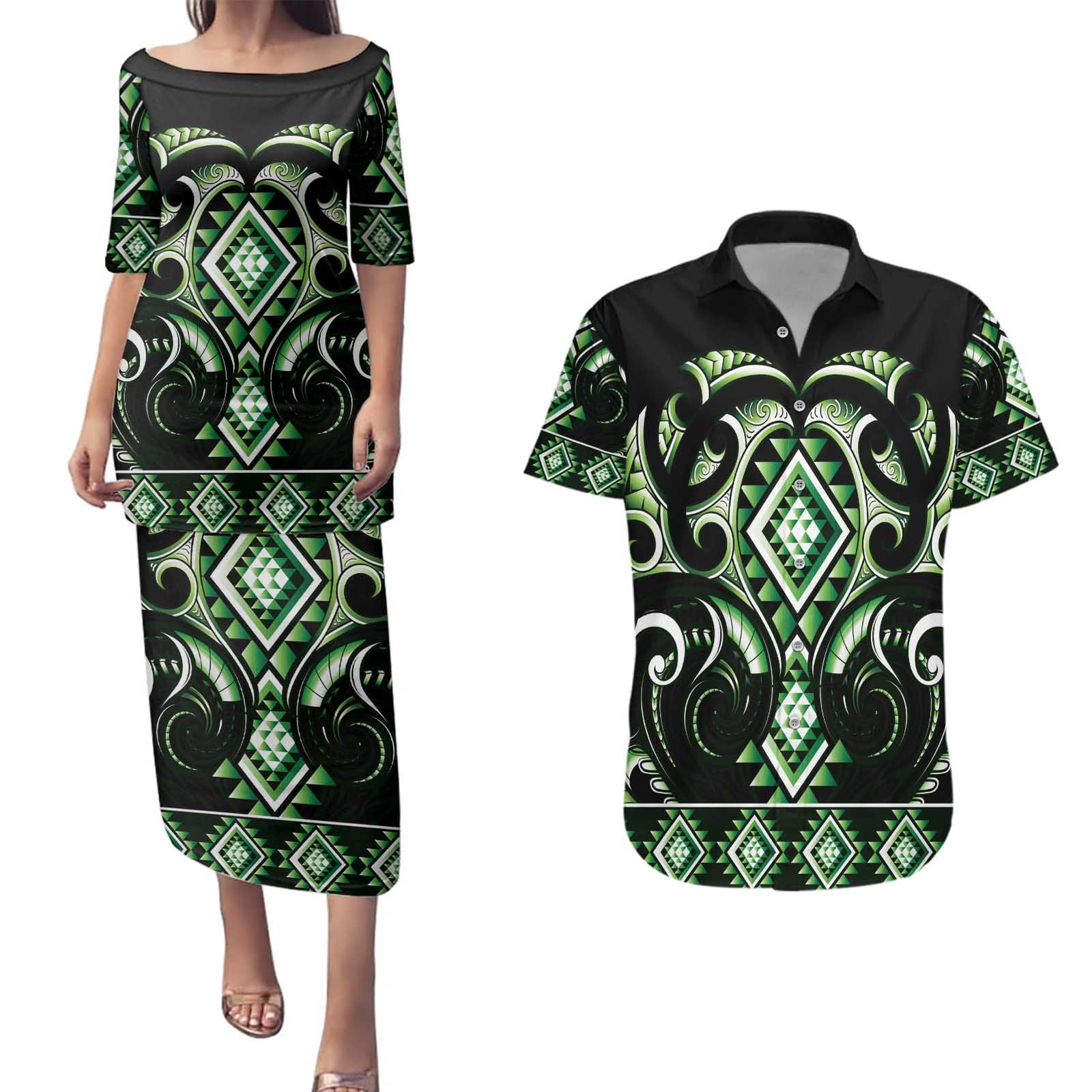 Green Ngaru Taniko With Aotearoa Maori Tattoo Couples Matching Puletasi and Hawaiian Shirt