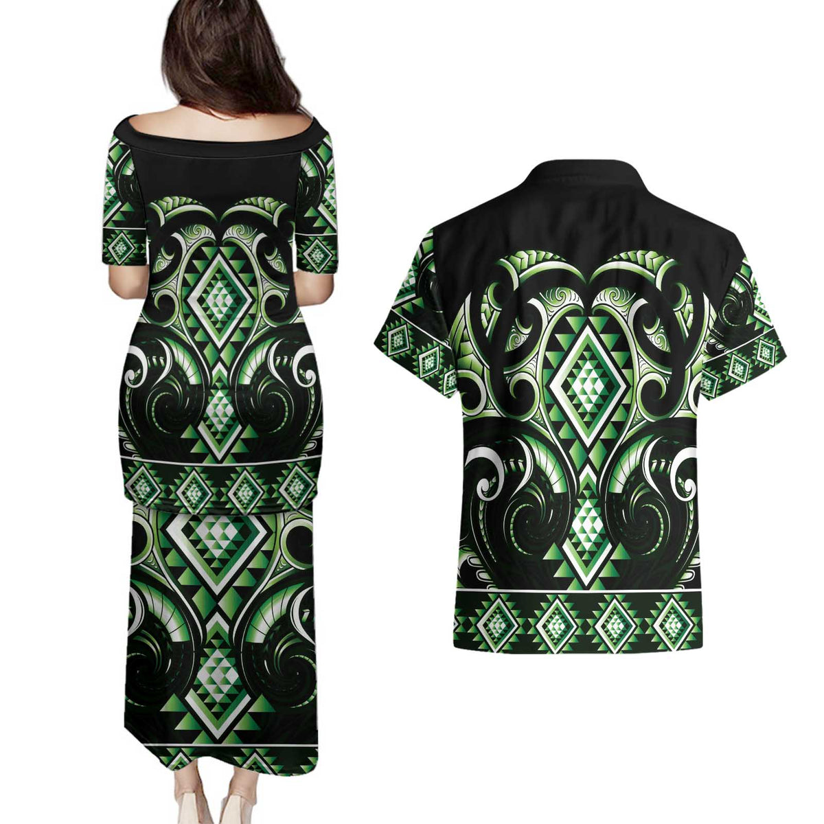 Green Ngaru Taniko With Aotearoa Maori Tattoo Couples Matching Puletasi and Hawaiian Shirt LT14 - Polynesian Pride
