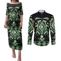 Green Ngaru Taniko With Aotearoa Maori Tattoo Couples Matching Puletasi and Long Sleeve Button Shirt LT14 Green - Polynesian Pride